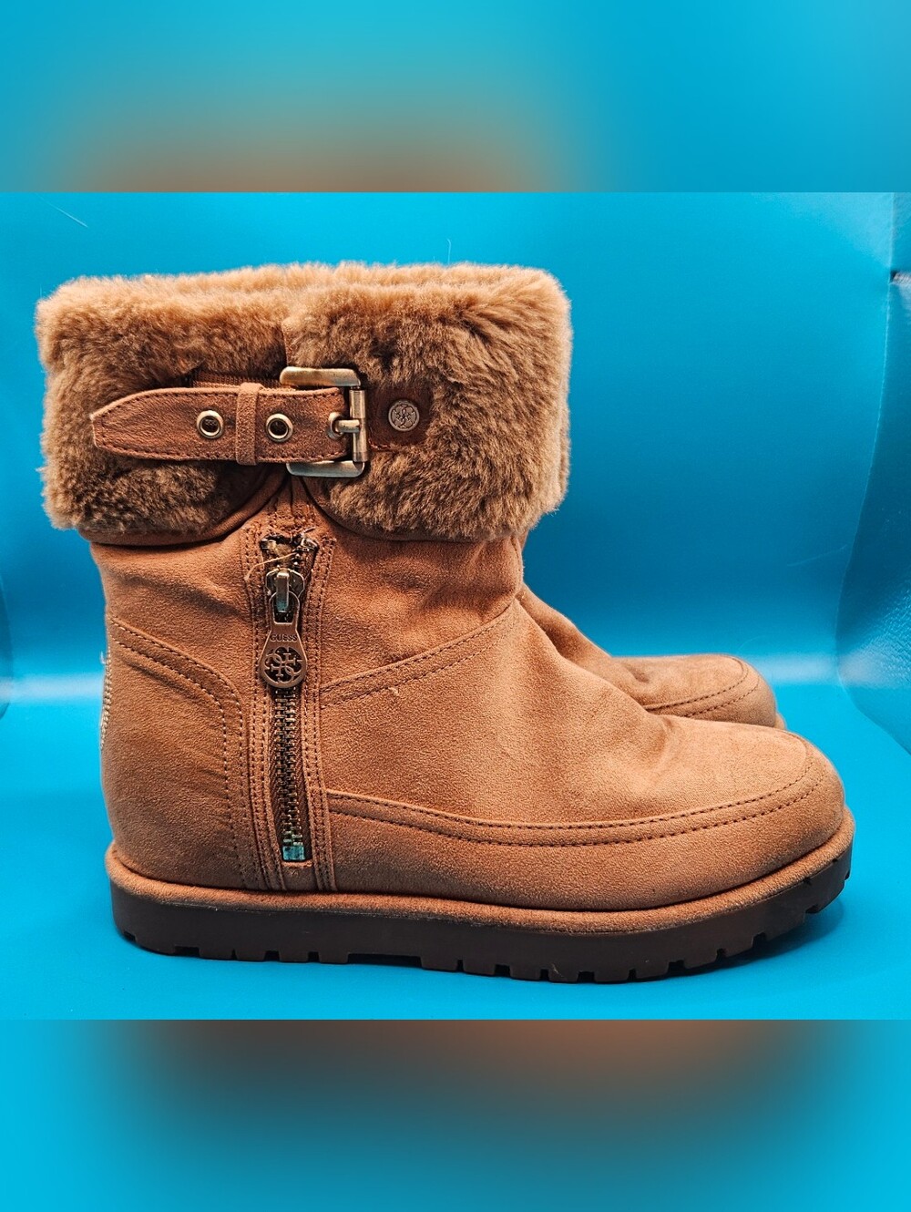 Guess Women’s Tan Faux-Fur Winter Ankle Boots